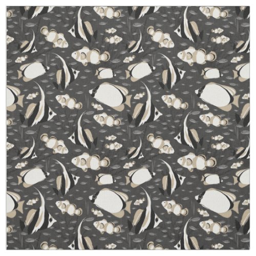 Tropical Angelfish Pattern on Charcoal Grey Fabric