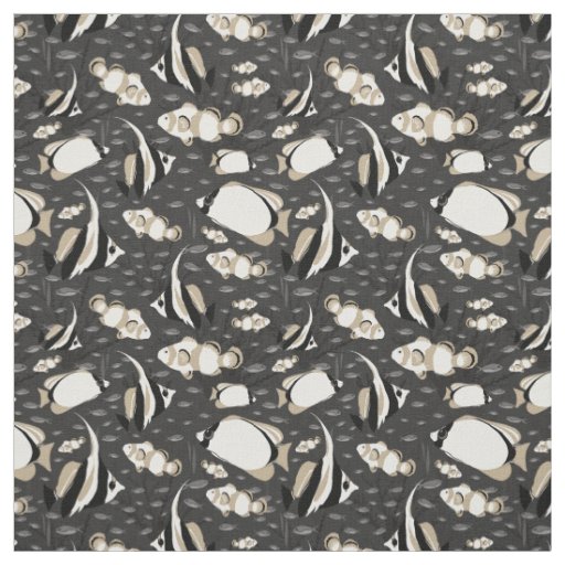 Tropical Angelfish Pattern on Charcoal Grey Fabric