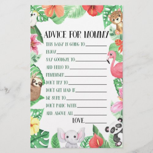 Tropical Animal Advice Baby Shower Game Activity Stationery