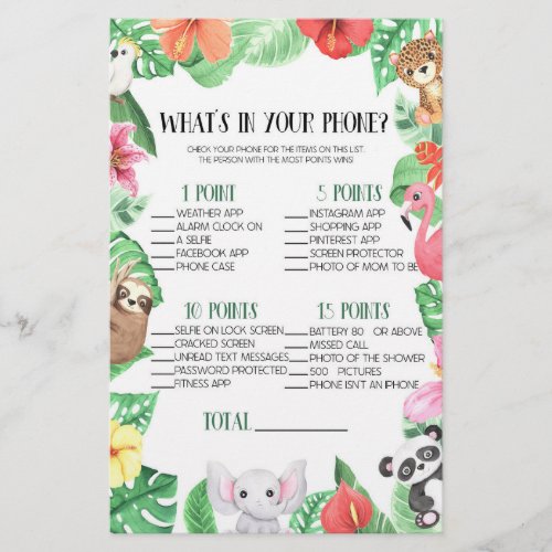 Tropical Animal In Your Phone Baby Shower Game Stationery