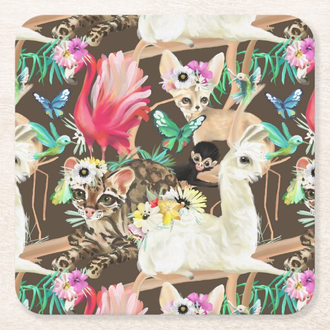 Tropical Animal Pattern Square Paper Coaster (Front)