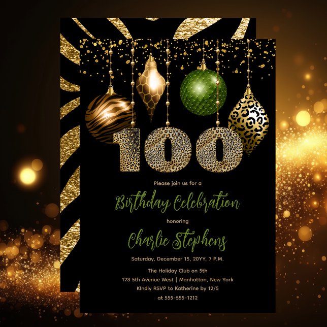 Tropical Animal Skin Baubles 100th Birthday Party Invitation (Glamorous Tropical Animal Print Baubles 100th Birthday Party Invitation in Black, Gold & Olive Green)