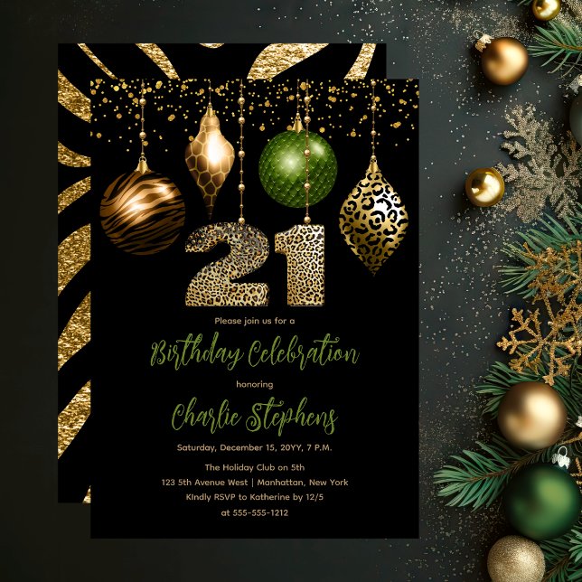 Tropical Animal Skin Baubles 21st Birthday Party Invitation (Glamorous Tropical Animal Print Baubles 21st Birthday Party Invitation in Black, Gold & Olive Green)