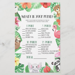 Tropical Animal What's In Purse Baby Shower Game Stationery