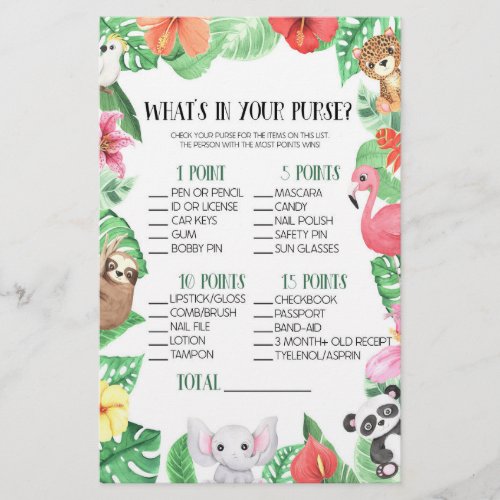 Tropical Animal Whats In Purse Baby Shower Game Stationery