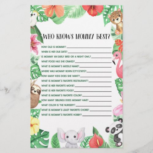 Tropical Animal Who Knows Mommy Baby Shower Game Stationery