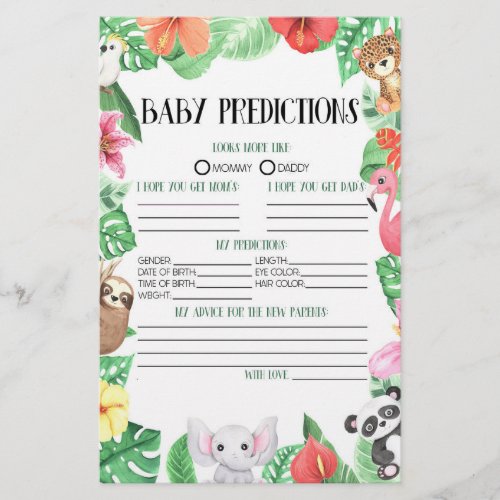 Tropical Animals Baby Shower Predictions Activity Stationery