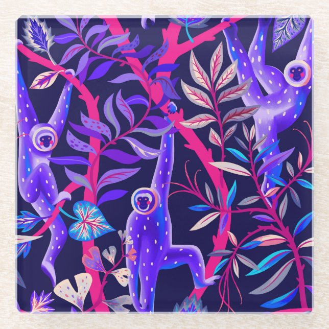 Tropical animals: blue monkeys pattern. glass coaster (Front)
