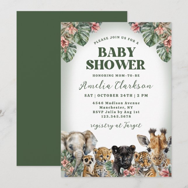 Tropical Animals Hibiscus & Palms Baby Shower Invitation (Front/Back)
