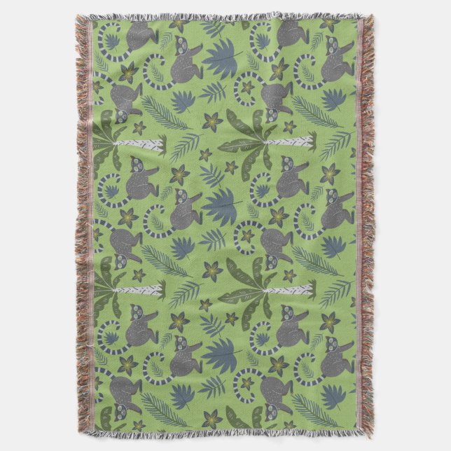 Tropical animals seamless pattern green and grey throw blanket (Front Vertical)