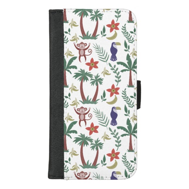 Tropical animals seamless pattern macaw and monkey iPhone wallet case (Front)