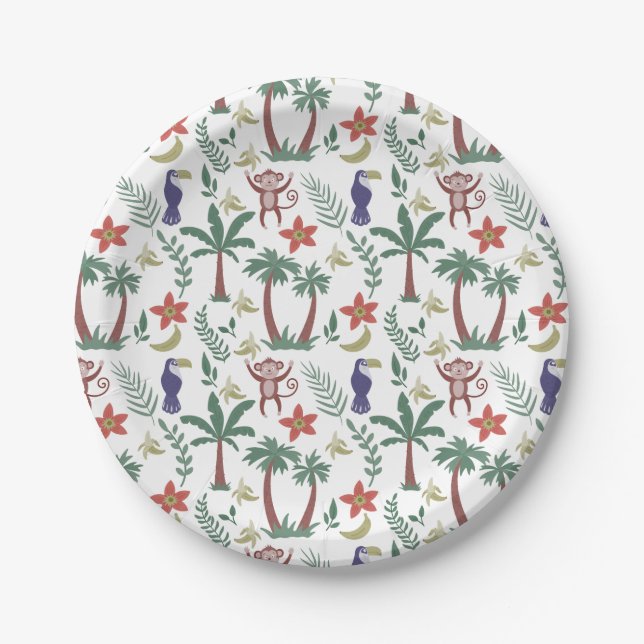 Tropical animals seamless pattern macaw and monkey paper plates (Front)