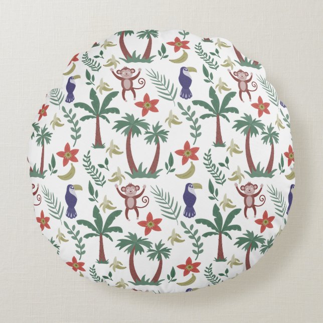 Tropical animals seamless pattern macaw and monkey round pillow (Front)