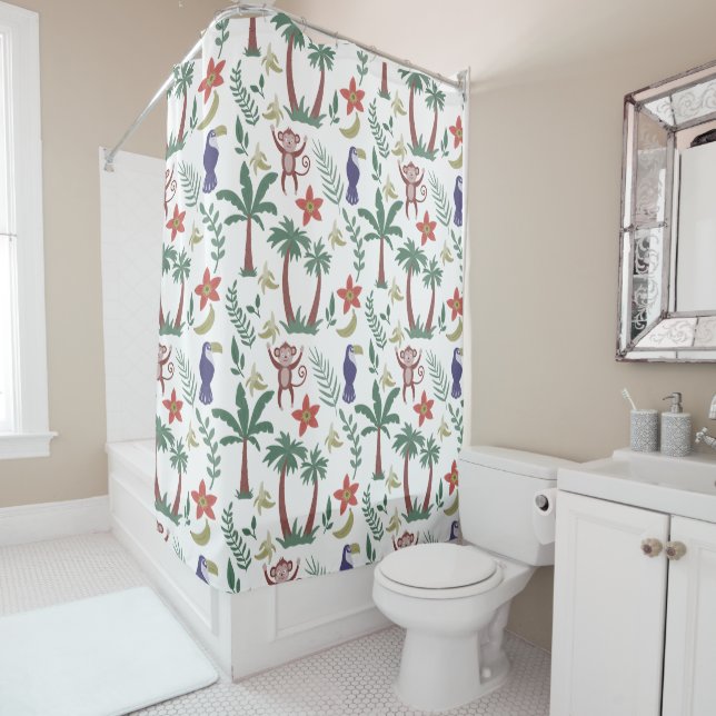 Tropical animals seamless pattern macaw and monkey shower curtain (In Situ)