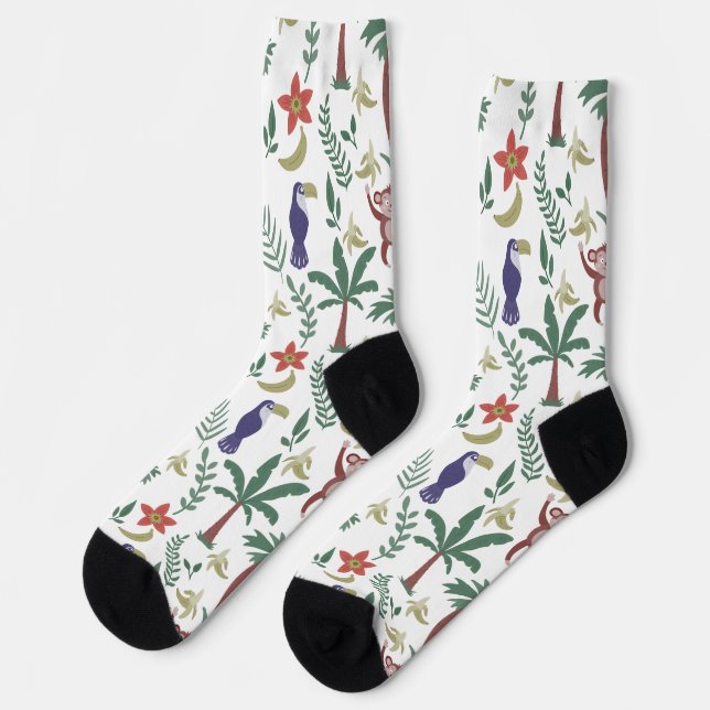 Tropical animals seamless pattern macaw and monkey socks (Left)