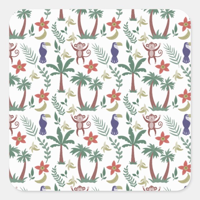 Tropical animals seamless pattern macaw and monkey square sticker (Front)