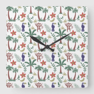 Tropical animals seamless pattern macaw and monkey square wall clock