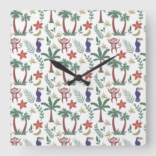 Tropical animals seamless pattern macaw and monkey square wall clock