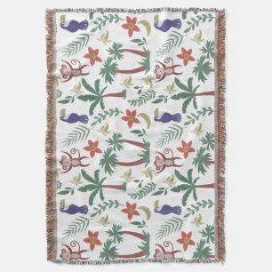 Tropical animals seamless pattern macaw and monkey throw blanket