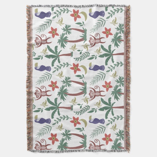 Tropical animals seamless pattern macaw and monkey throw blanket (Front Vertical)