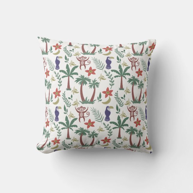 Tropical animals seamless pattern macaw and monkey throw pillow (Front)