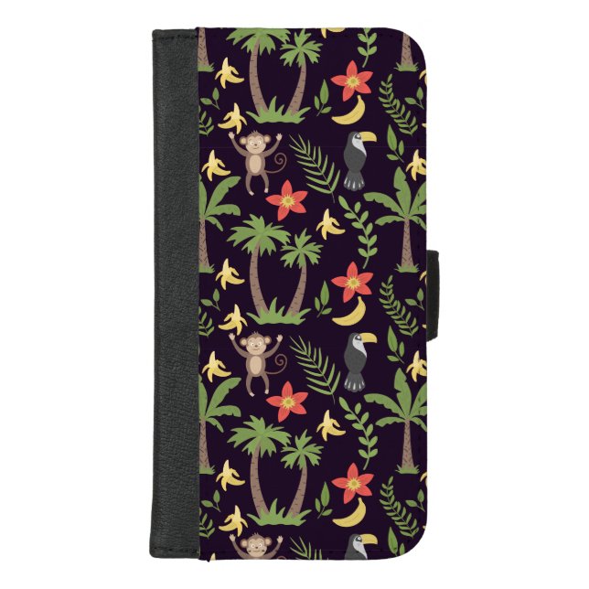 Tropical animals seamless pattern monkey & macaw iPhone wallet case (Front)
