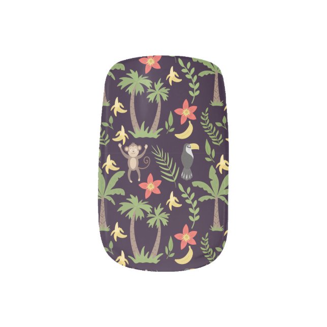 Tropical animals seamless pattern monkey & macaw minx nail art (Left Thumb)