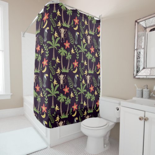 Tropical animals seamless pattern monkey  macaw shower curtain