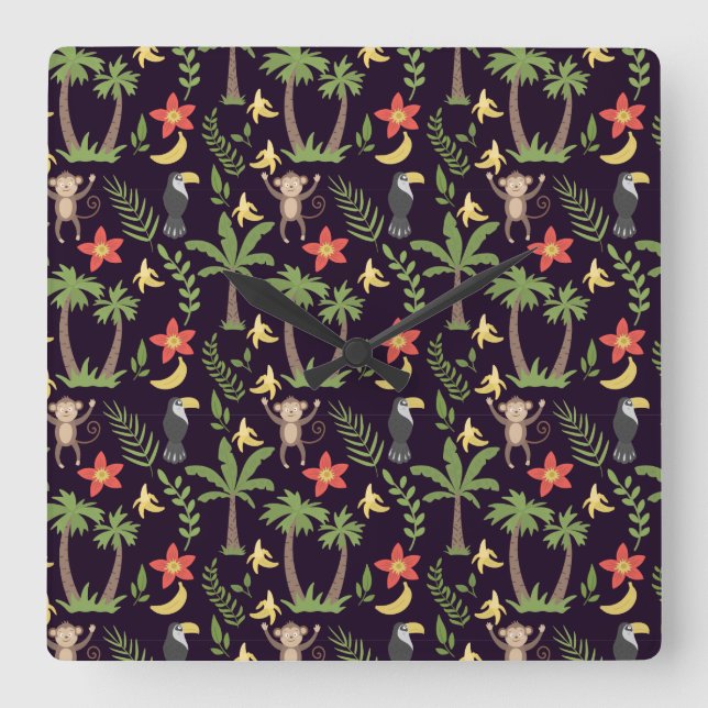 Tropical animals seamless pattern monkey & macaw square wall clock (Front)