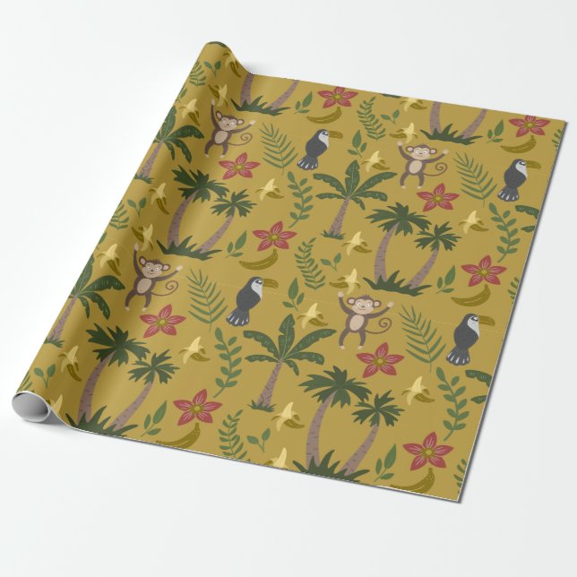 Tropical animals seamless pattern monkey , macaw wrapping paper (Unrolled)