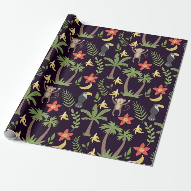 Tropical animals seamless pattern monkey & macaw wrapping paper (Unrolled)