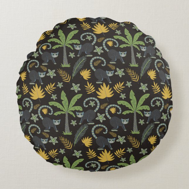 Tropical animals seamless pattern monkey palm tree round pillow (Front)