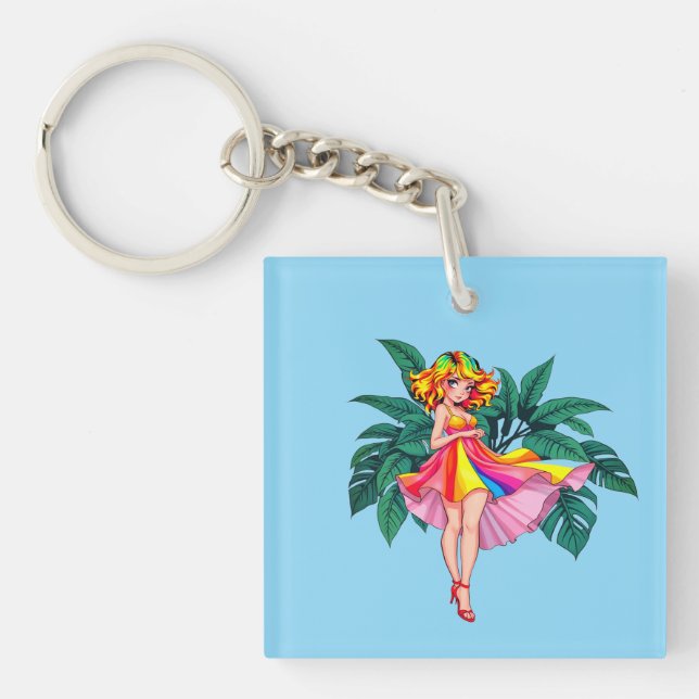 Tropical Anime Girl in Black Dress Square Acrylic  Keychain (Front)