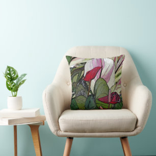 TROPICAL ANTHURIUM/RED GREEN AND MAUVE-ISH COLORS THROW PILLOW
