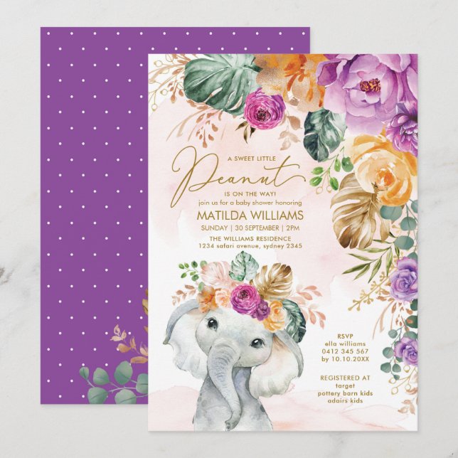 Tropical Apricot Violet Floral Elephant Shower Invitation (Front/Back)