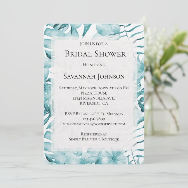 Tropical Aqua Blue Floral Leaves Bridal Shower Invitation (Standing Front)