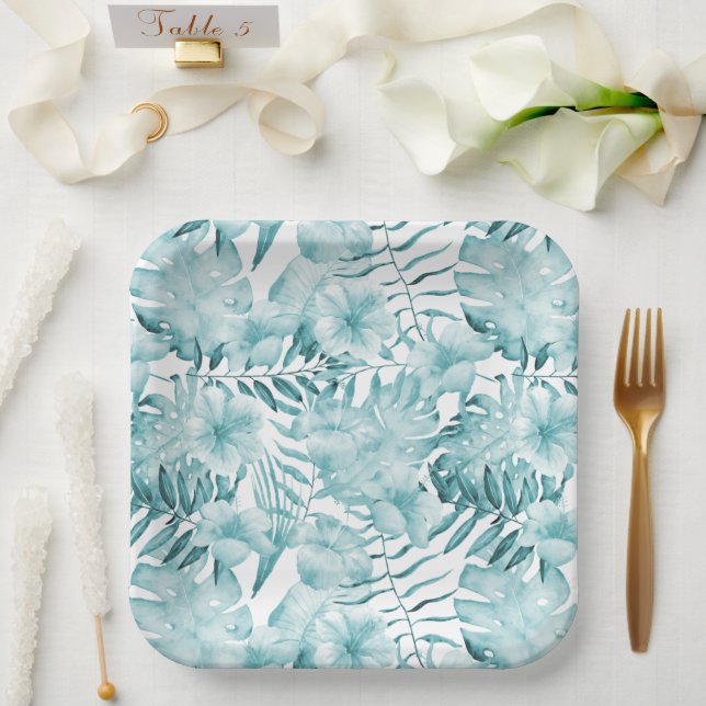 Tropical Aqua Blue Floral Leaves Bridal Shower Paper Plates (Wedding)