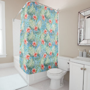 Tropical Aqua Blue Hibiscus Flowers Shower Curtain