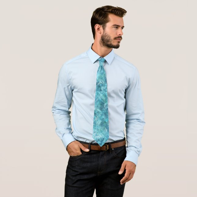 Tropical Aqua Blue Leaves Neck Tie (In Situ)