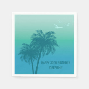 Tropical Aqua Blue Palm Trees Happy Birthday Napkins