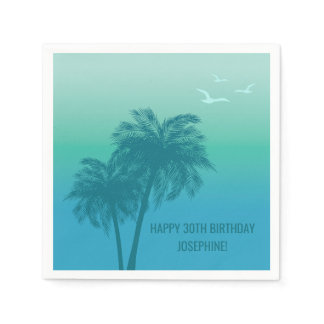 Tropical Aqua Blue Palm Trees Happy Birthday Napkins
