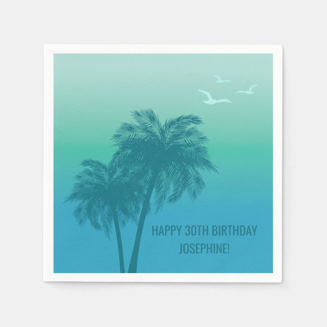 Tropical Aqua Blue Palm Trees Happy Birthday Napkins (Front)