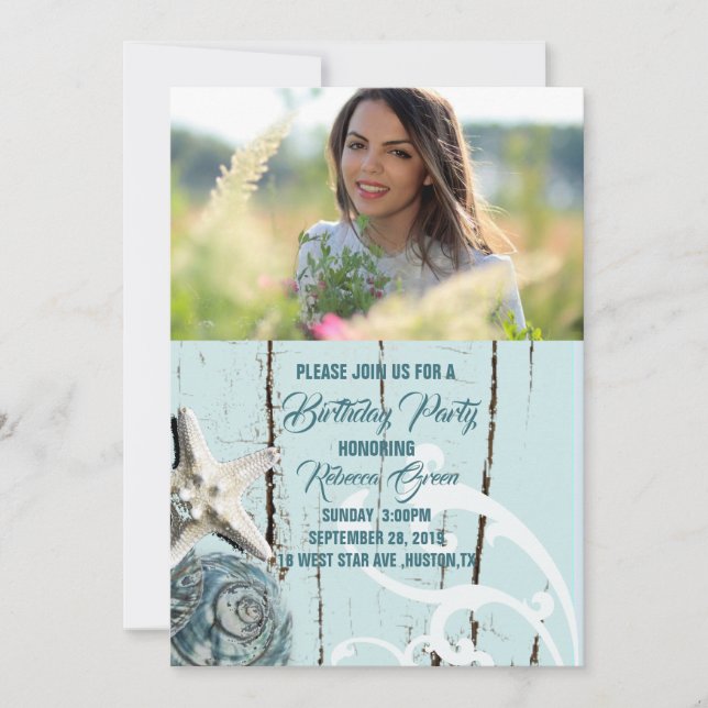 tropical aqua blue seashell beach birthday party invitation (Front)