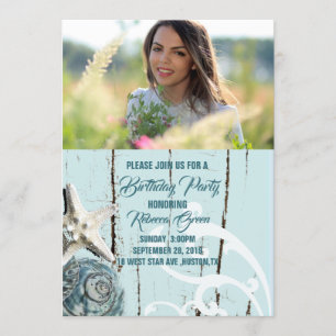 tropical aqua blue seashell beach birthday party invitation
