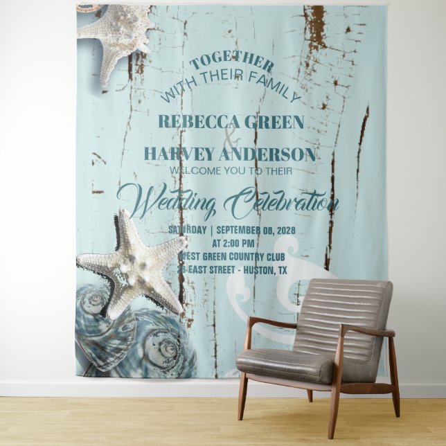 tropical aqua blue seashell beach wedding backdrop (In Situ)