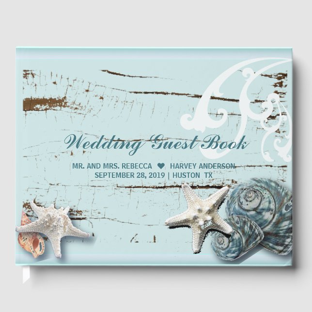 tropical  aqua blue seashells starfish wedding guest book (Front)