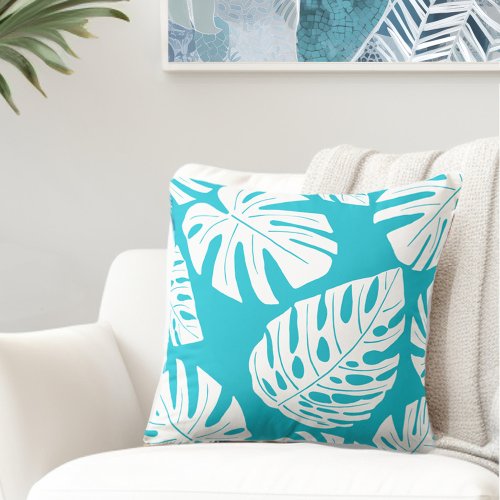 Tropical Aqua Blue White Palm Monstera Leaves Throw Pillow