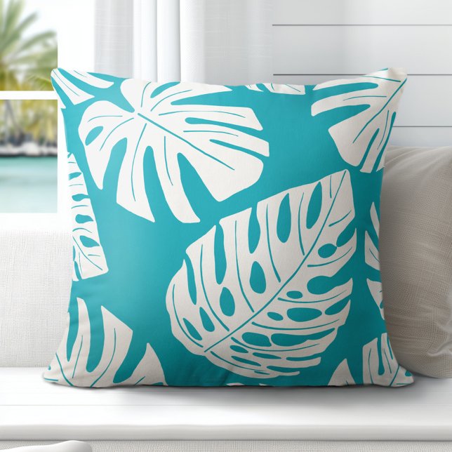 Tropical Aqua Blue White Palm Monstera Leaves Throw Pillow (Elevate Your Décor: Discover our Gorgeous Coastal Throw Pillows by Totally Coast)