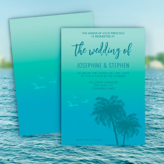 Tropical Aqua Blue With Teal Palm Trees Wedding Invitation