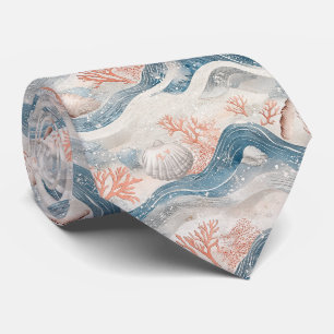 Tropical Aqua Coral Seashell Pattern Neck Tie